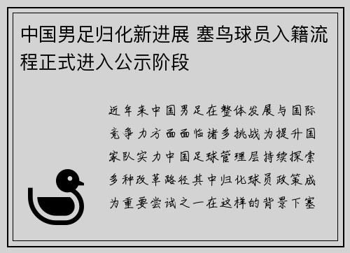 中国男足归化新进展 塞鸟球员入籍流程正式进入公示阶段